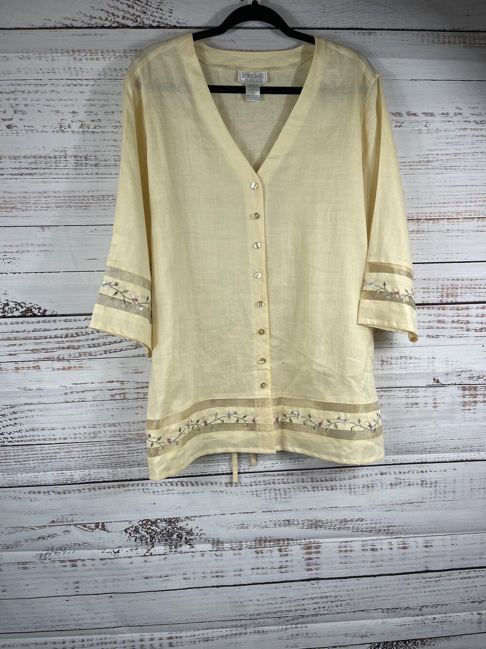 Jordan Blouse Womens 1X Yellow Linen Embroidered Button Front Tunic 3/4 Sleeve
